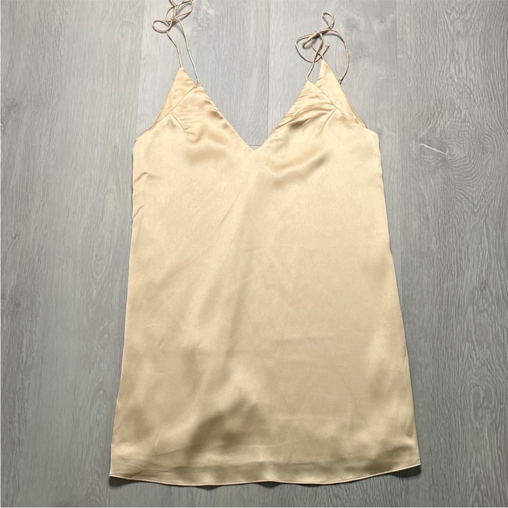 LORENA BAKER SATIN MINI DRESS IVORY V NECK TIE STRAPS WOMENS SMALL